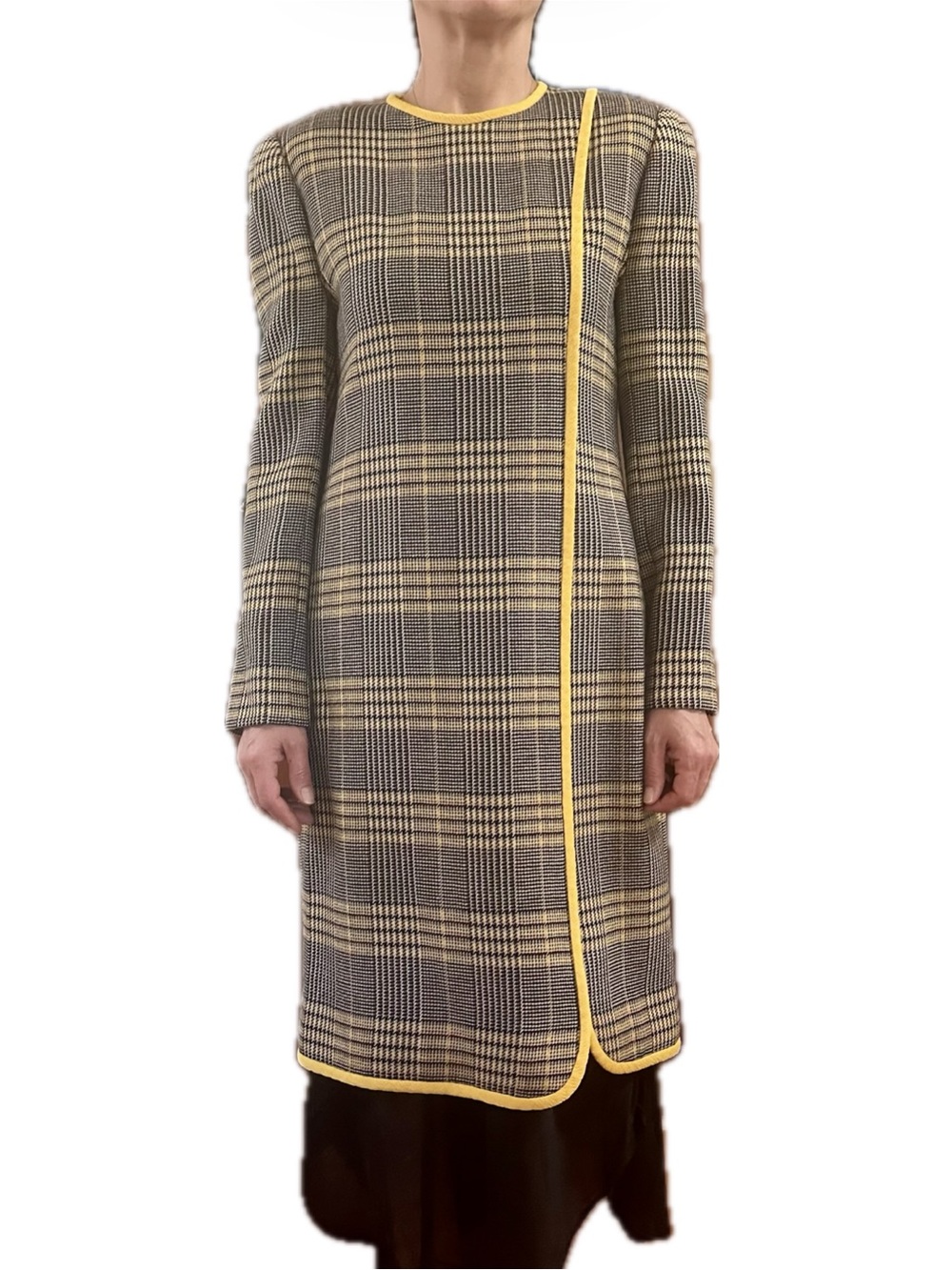 EUC David Hayes Plaid Wool Tweed Dress with Yellow Textured Trim, Gray, 4